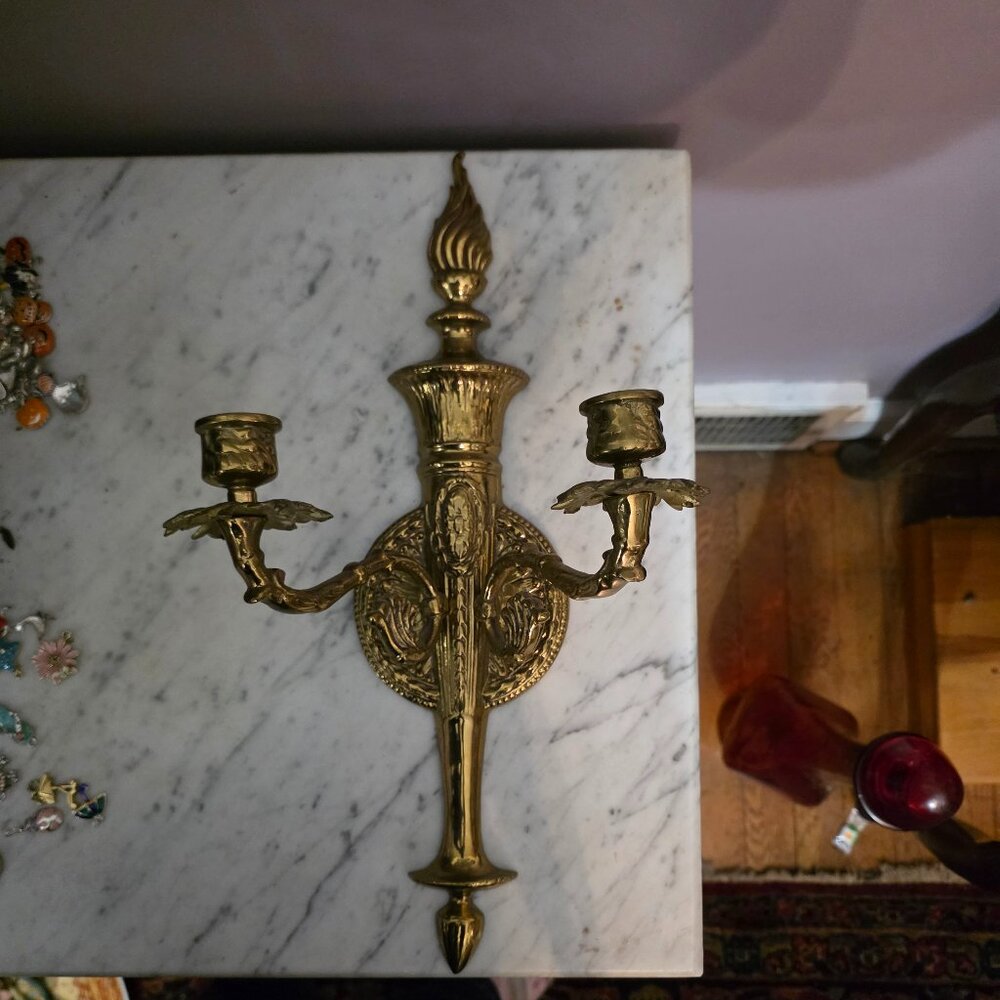 Vintage Brass Wall Sconce 2 Arm Ornate Hollywood Regency Candle Holder 16”